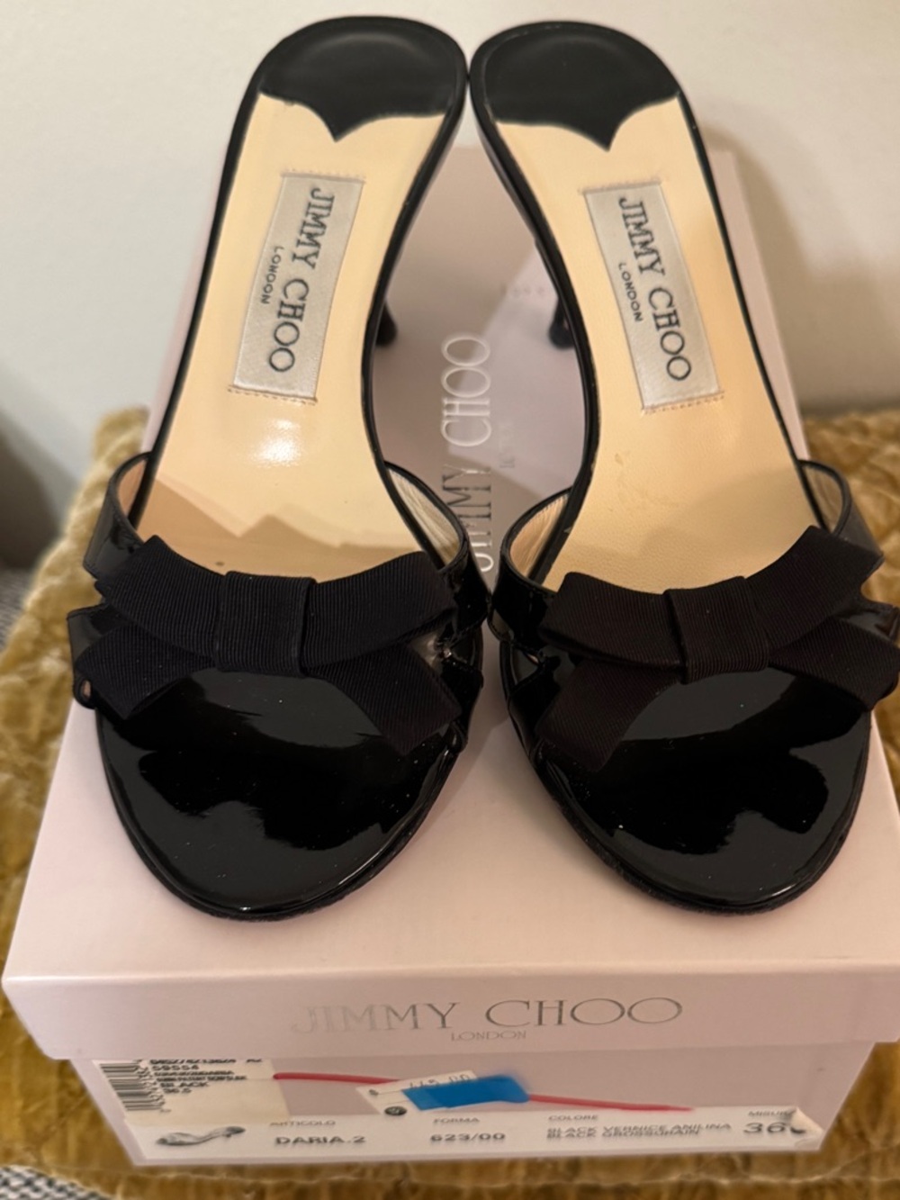 Jimmy Choo Black Patent Bow Mules with Mid Heel